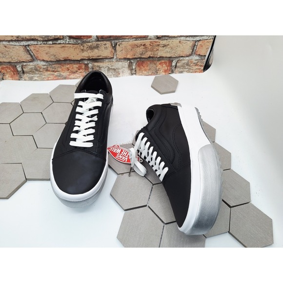 VANS Old Skool Stack Platform Lift Shoes Black Shiny White Platform Women Sz  10 - Picture 7 of 9